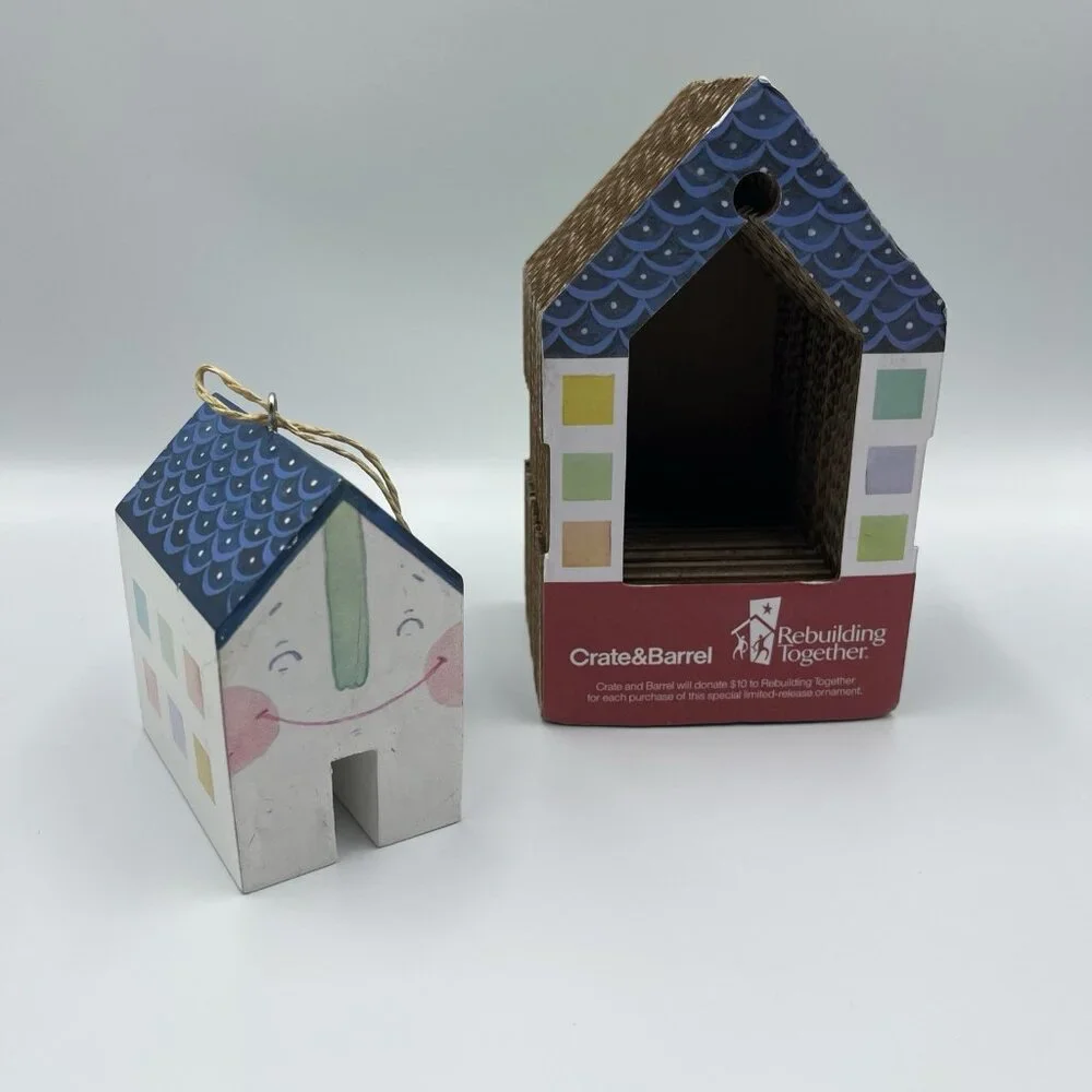 2013 Crate & Barrel Jen Corace Wooden House Christmas Ornament Hearts & Home